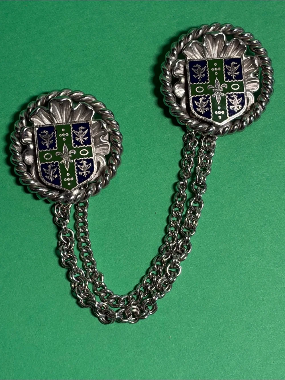 Vintage Heraldic Chatelaine double pin Brooch Silver-tone Green and Blue Enamel
